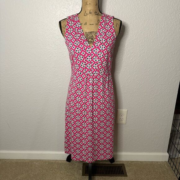 Boden Size 6 Eden Pink Geo Print Cotton Blend Jersey Sleeveless Dress V Neck - Picture 1 of 10